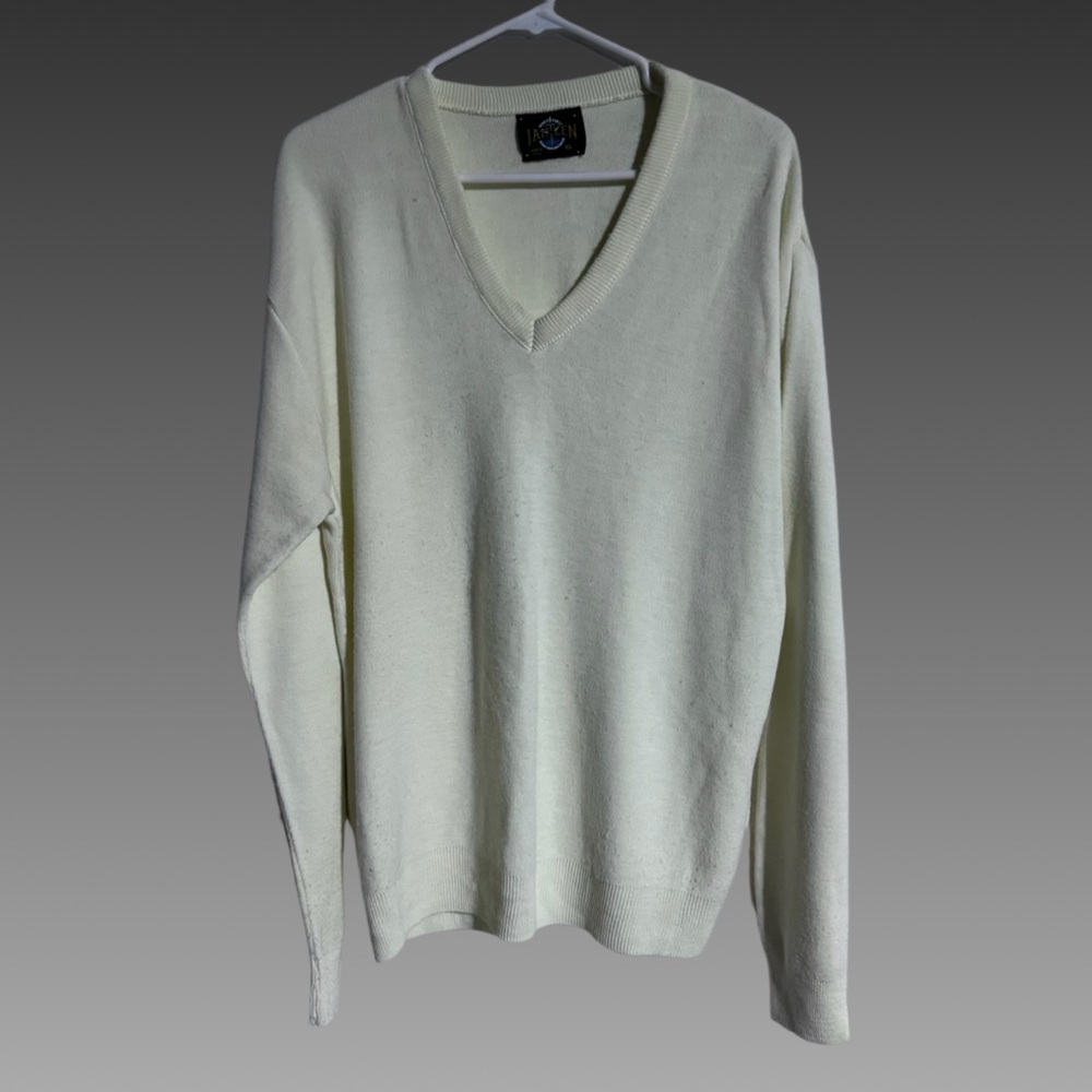 Jantzen Ivory Knit Acrylic V-Neck‎ Sweater Men's Size XL VTG Holiday